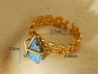 Blue Natural Stone Open Ring for Women, Gold Chain Adjustable Bangle Ring, Vintage Boho Geometric Phosphorite Finger Ring, 1.8cm