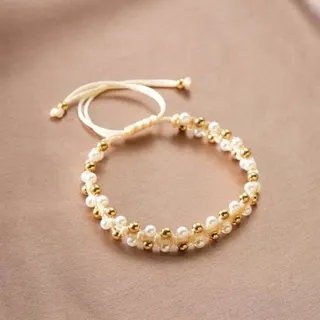 Adjustable Pearl Beaded Braided Bracelet with Gold Alloy Beads, French Vintage Style Women's Jewelry, 16-28cm