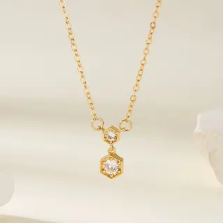 Hexagon Zircon Pendant Necklace - White Gold Plated Copper, Double Geometric Honeycomb Charm, Adjustable 40+5cm, Minimalist Luxury Clavicle Chain for Women