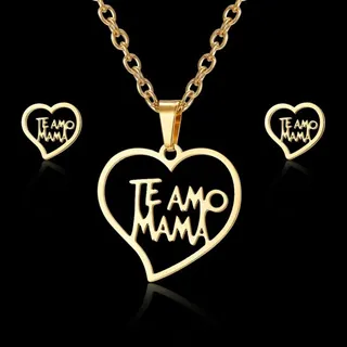 TE AMO MAMA I Love Mom Heart Cutout Necklace & Earrings Set, 18K Gold Plated Stainless Steel, Mother's Day Gift for Mom