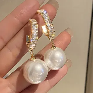 Gray Imitation Pearl C-Shape Zircon Hoop Earrings, 18K Gold Plated Alloy with 925 Silver Post, Elegant Dangle Drop Earrings for Women