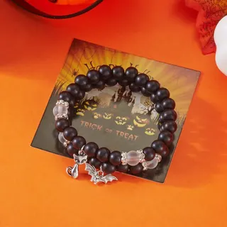 Halloween Beaded Bracelet Set of 2 - Cat & Bat Charm Bracelet, Alloy + Beads, 18cm, Silver, Cute Gothic Trick-or-Treat Party Jewelry Gift