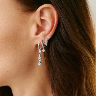 White Gold Tone Layered Hoop Earrings with Rhinestone Tassel Drop, Hypoallergenic Alloy Stud & Huggie Set, Elegant Dangle Earrings for Women