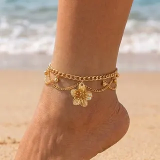Gold Flower Ankle Bracelet for Women - Boho Beach Anklet with Dangling Flower Charm & Bead Tassels, Adjustable 22+5cm, Vacation Summer Jewelry