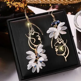 Asymmetric Floral Fairy Dangle Earrings - White Resin Flower & Crystal Wing Long Drop Hoop Earrings, Gold Plated Alloy, Lightweight Boho Statement Earrings for Women