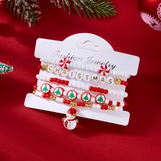 Christmas Beaded Bracelet Set 5pcs - Soft Clay MERRY Letter & Snowman, Red White Stripe Elastic Bracelets with Gold Tree Charm, Holiday Gift for Women Girls, 18cm Adjustable