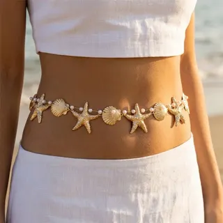 Gold Starfish Shell Waist Chain with Pearl Beads - Boho Beach Body Chain for Bikini & Swimsuit, Adjustable 66+27cm, Summer Vacation Accessory