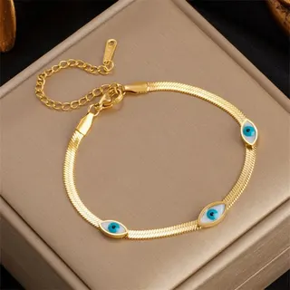 Evil Eye Bracelet for Women, 18K Gold Plated Stainless Steel Snake Chain, Blue Eye Charm Protection Bracelet, Adjustable 21cm, Hypoallergenic Gift for Her
