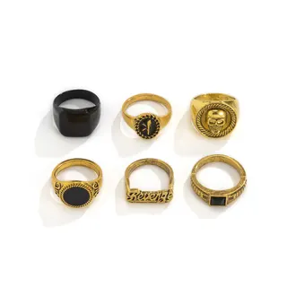Punk Gothic Rings Set of 6 - Adjustable Open Band Alloy 18K Gold Plated, Skull & Revenge Letter Black Stone Inlay, Hip Hop Street Stackable Rings for Men Women