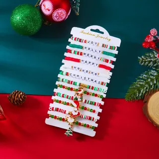 Christmas Bracelet Set 12 Pcs - Red Green White Clay Bead Letter Bracelets with Reindeer & Wreath Charms, Merry Christmas Holiday Jewelry Gift for Women Girls, 18cm