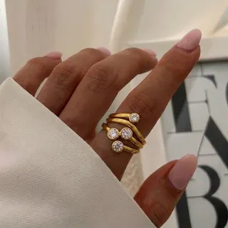 Luxury French Vintage Spiral Zircon Ring - 18K Gold Plated Stainless Steel, Gold Open Band Design Ring for Women, Stackable Statement Jewelry