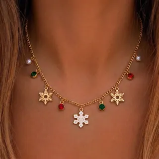 Christmas Snowflake Pearl Necklace for Women, 18K Gold Plated Alloy, Micro-Paved Zirconia Snowflake Pendant, 40+7cm Adjustable Chain, Festive Luxury Gift Jewelry