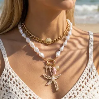 Boho Ocean Necklace Set 2pcs - Gold Plated Alloy & Baroque Pearl, Starfish Shell Palm Tree Charm, Beach Vacation Layered Choker 33+10cm