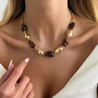 Irregular Resin Bead Necklace Women Baroque Style Brown Gold Alloy Extender Chain 40+5cm Vintage Layering Pendant