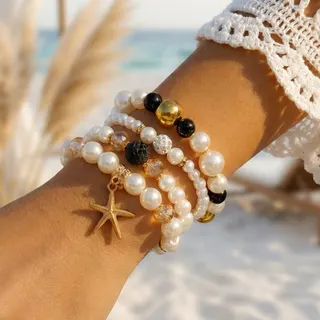 Starfish Pearl Crystal Bracelet Set of 4 - Boho Beach Gold Starfish Charm Beaded Bracelets, Pearl & Crystal Stackable Wristbands, 18cm Summer Vacation Jewelry Gift for Women