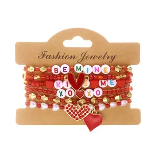 Valentine's Day Heart & Flower Stack Bracelet Set of 6 - Sweet Girl Beaded Bracelets with Alloy Rhinestone Heart Charms, Clay Rose & Stripe Beads, Pink White, Gift for Her
