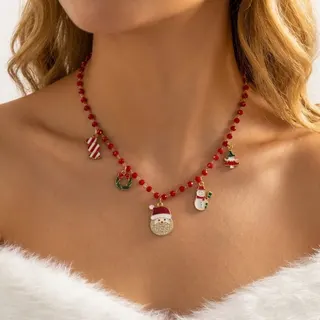 Christmas Necklace for Women - Red Crystal Bead Chain with Snowman, Santa, Christmas Tree & Candy Cane Charms, 18K Gold Plated Alloy, Adjustable 37+5cm, Holiday Gift Jewelry