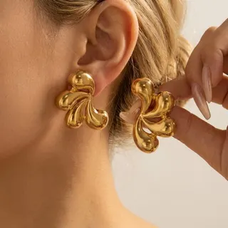 French Vintage 3D Ruffled Flower Earrings, Stainless Steel 18K Gold Plated, 3.3cm Statement Stud Earrings, Hypoallergenic Tarnish-Free Jewelry