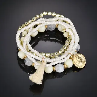 Boho Layered Bracelet Set of 6 - Seed Bead & Coin Charm Tassel Stackable Bracelets, 18K Gold Plated Alloy, Vintage Beach Jewelry for Women