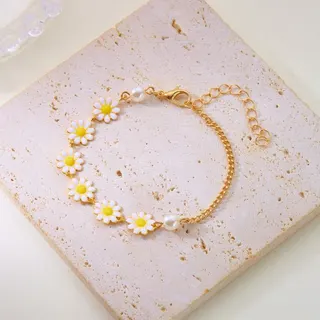 French Daisy Pearl Necklace - 18K Gold Plated Asymmetric Drop Clavicle Chain, Cute Garden Style, 38+5cm Adjustable, White