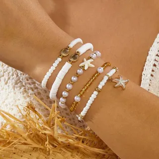 Boho Beach Shell & Starfish Bracelet Set of 5 - Pearl, Rice Bead, Clay & Alloy White Ocean Style Stackable Bracelets for Women 18cm