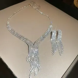 Rhinestone Tassel Necklace & Earrings Set, V-Shape Water Drop Bridal Jewelry, Alloy Crystal Statement Necklace Earrings for Wedding Party Evening