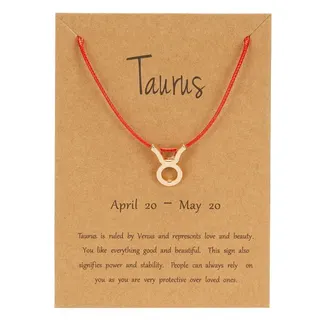 Taurus Zodiac Necklace, Red Cord Chain with Gold Plated Alloy Taurus Symbol Pendant, Adjustable 18-32cm, Constellation Gift Card Included