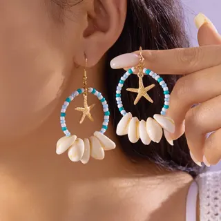 Boho Seashell Starfish Hoop Earrings - 18K Gold Plated Alloy with Natural Shell Dangles, Ocean Beach Vacation Drop Earrings for Women