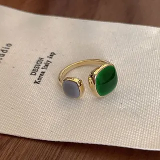 Korean Style Open Ring for Women, 18K Gold Plated Alloy, Green & Grey Geometric Cabochon Stackable Ring, Adjustable Vintage Jewelry