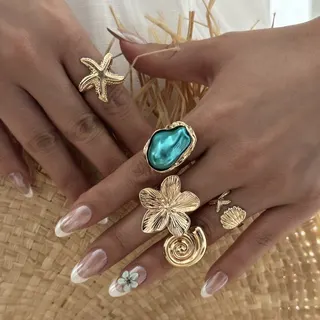 Boho Beach Jewelry Ring Set 5pcs Gold Plated Alloy Baroque Pearl Starfish Shell Flower Stacking Rings for Women