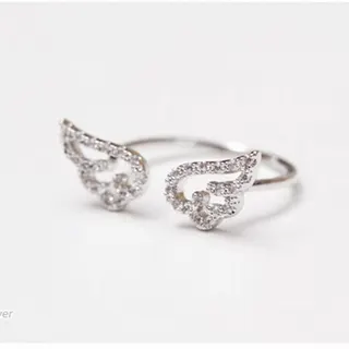 Angel Wings Ring for Women, Adjustable Open Band with Micro-Pavé Cubic Zirconia, Silver Tone Fairy Style Knuckle Ring