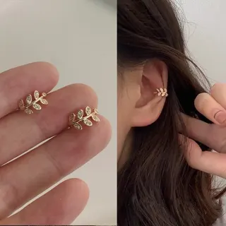 Gold Leaf Ear Cuff Earrings - Rhinestone Branch Studs, French Vintage Nature Style, 18K Gold Plated Alloy, Hypoallergenic Small Earrings for Women