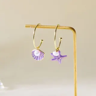Ocean Style Asymmetric Shell & Starfish Pearl Hoop Earrings, Purple Enamel Drop Earrings for Women, Lightweight Alloy 18K Gold Plated Jewelry