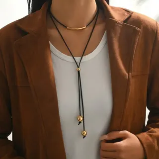 Vintage Curved Bar Double Layer Leather Cord Necklace, 18K Gold Plated Alloy, French Minimalist Layered Choker, Brown 40+5cm Women's Jewelry