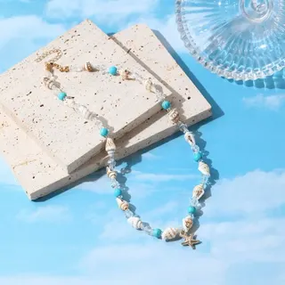 Boho Beach Shell Turquoise Necklace - Natural Conch & Turquoise Beaded Choker with Extender Chain, Summer Ocean Style Jewelry for Women