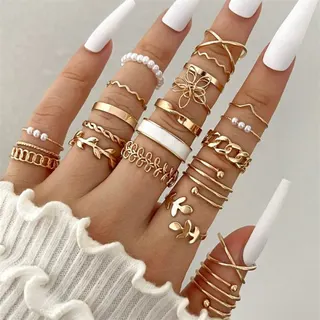 22 Pcs Silver Tone Ring Set for Women - Open Adjustable, Floral Cutout, Pearl & Geometric Twist Stackable Rings, Alloy Polished, ~1.8cm