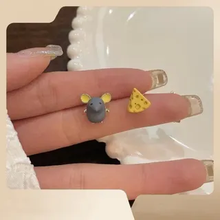 Cute Mouse & Cheese Asymmetric Earrings, Playful Animal Stud Earrings for Women, Hypoallergenic Alloy Silver Post, Kawaii Gift Jewelry