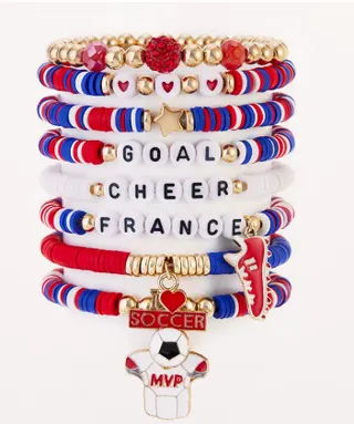 World Cup Cheer Bracelet Set France Red White Blue Beaded GOAL CHEER FRANCE Soccer MVP Charm 7-Piece Soft Clay CCB Fan Gift