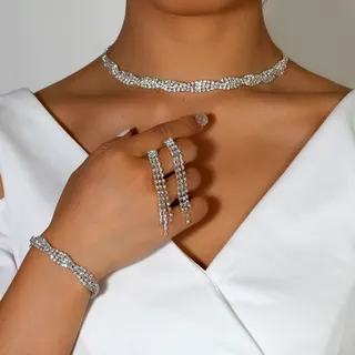 Rhinestone Twist Chain Necklace Bracelet Ring Set - 3PC Luxury Bridal Party Jewelry, Iron Rhodium Plated with Hand-Set Crystals, 32+15cm/16+5cm/6cm