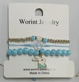 Blue Beaded Bracelet with Flower Pearl & Rabbit Charm, Multi-layer Stretch Bracelet for Women Girls, Cute Ins Style Jewelry Gift