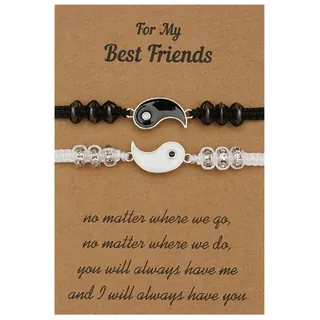 Yin Yang Best Friends Bracelet Set, Black & White Beaded Adjustable Cord Bracelets with Alloy Tai Chi Charm, 16-28cm, Gift Card Pack for Her/Bestie
