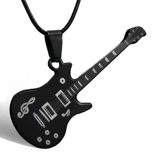 Black Electric Guitar Pendant Necklace, Rock Punk Alloy Charm with Adjustable Leather Cord, 5.2x2cm, Unisex Music Lover Gift
