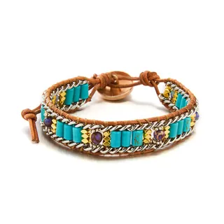 Turquoise Natural Stone Handwoven Leather Bracelet, Adjustable Boho Beaded Cuff with Silver Chain & Gold Accents, 16-24cm