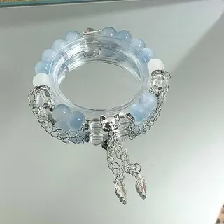 Longing Beaded Bracelet - Light Blue Glass Beads with Cat Head & Feather Charm, Elastic Stretchy Bangle, Elegant Fairy-Style Jewelry for Women