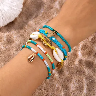 Boho Beach Beaded Bracelet Set of 5 - Pineapple Starfish Evil Eye Palm Charms, Turquoise & Teal Seed Beads, 18cm Hypoallergenic Alloy, Summer Vacation Stackable Gift Set