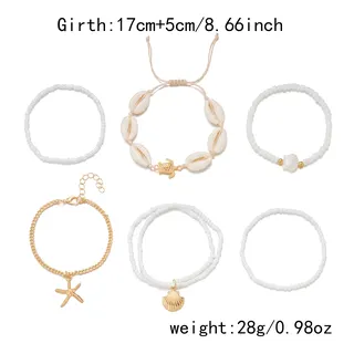 Ocean Shell Starfish Turtle Beaded Bracelet Set, Gold Alloy & White Seed Beads, Boho Beach Vacation Jewelry, Adjustable 17+5cm Multi-Pack for Women