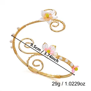 French Vintage Floral Pearl Arm Cuff Bracelet - Gold Electroplated Iron with Acrylic 3D Flowers & Pearl Beads, Open Spiral Design 9.5cm, Wedding Party Jewelry for Women