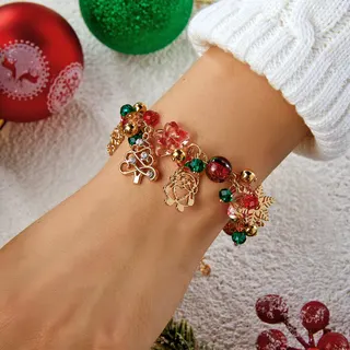 Christmas Beaded Bracelet for Women - Snowflake Santa Snowman Star Charms, 18K Gold Plated Alloy + Resin, Festive Red Green Gold Holiday Gift, 16+7cm Adjustable