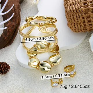 Gold Plated Mirror-Finish Pebble Bead Bangle & Baroque Pearl Cluster Ring Set, Boho Luxury Jewelry for Women, 6.5cm Adjustable Cuff, Bridal & Vacation Accessory