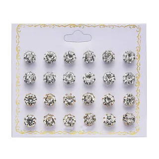 12 Pairs Colorful Round Crystal Stud Earrings, White Gold Alloy Zirconia, Multi-Color Card Pack, Fashion Sweet Dainty Earrings